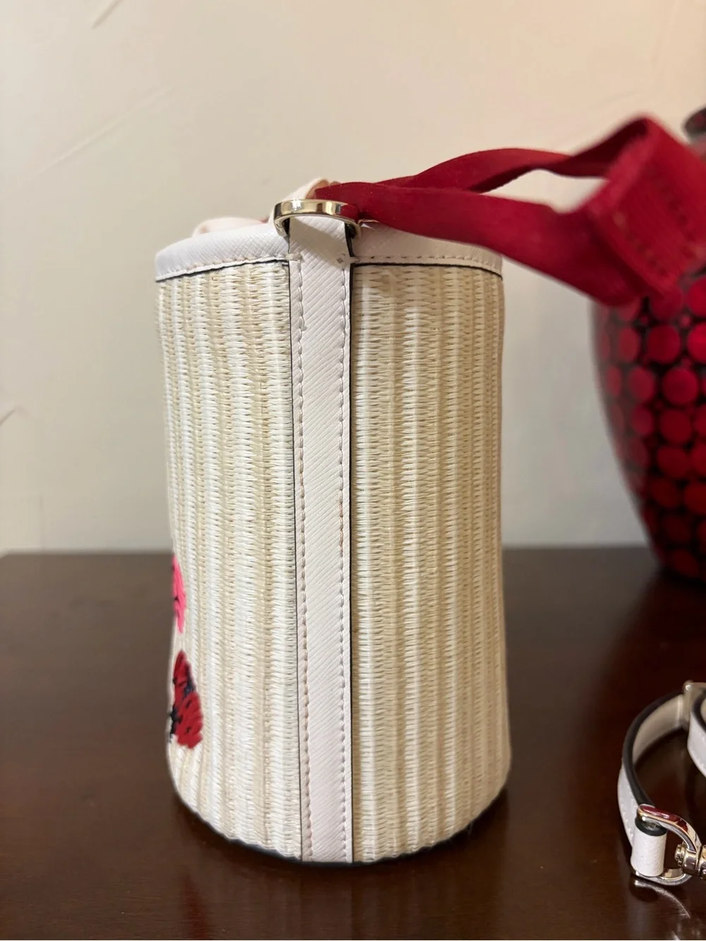 Kate Spade Dottie Ladybug Straw Embroidered Cylinder Crossbody Bag MSRP $349